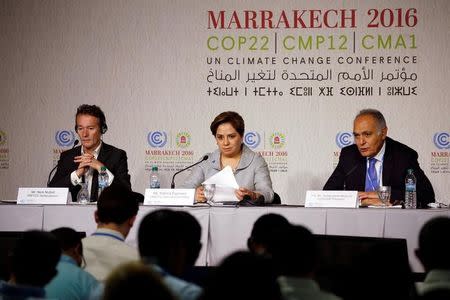 (L-R) UNFCCC Spokesperson Nick Nuttall, Executive Secretary of the UN Framework Convention on Climate Change Patricia Espinosa and Moroccan Foreign Minister and COP22 President Salaheddine Mezouar attend the World Climate Change Conference 2016 (COP22) in Marrakech, Morocco, November 6, 2016. REUTERS/Youssef Boudlal