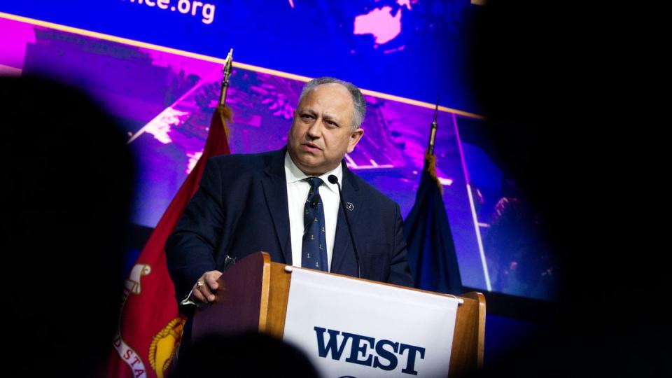 U.S. Navy Secretary Carlos Del Toro speaks Feb. 15, 2024, at the West conference in San Diego. (Colin Demarest/C4ISRNET)