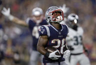 New England Patriots running back James White scores a touchdown during the first half of a preseason NFL football game against the Philadelphia Eagles, Thursday, Aug. 16, 2018, in Foxborough, Mass. (AP Photo/Charles Krupa)