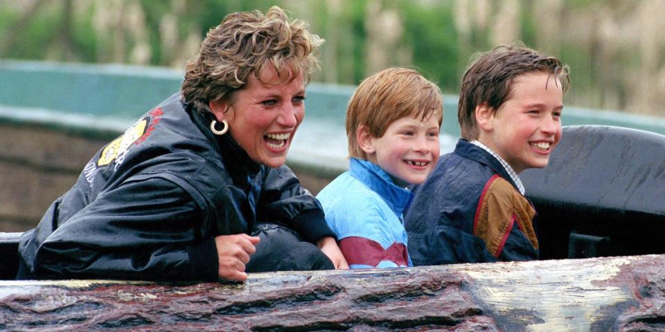 <p>Harry rides the log flume with Princess Diana and Prince William at Thorpe Park.</p>