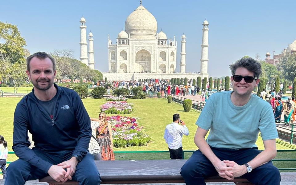 The Telegraph's cricket correspondent Nick Hoult with the newspaper's cricket news correspondent Will Macpherson at the Taj Mahal