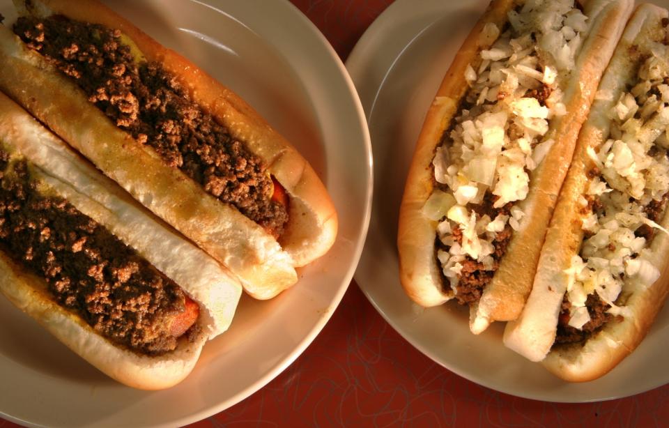 The wieners at Olneyville New York System are covered in a spicy sauce that includes onions and ground beef. Providence Journal File Photo/Sandor Bodo