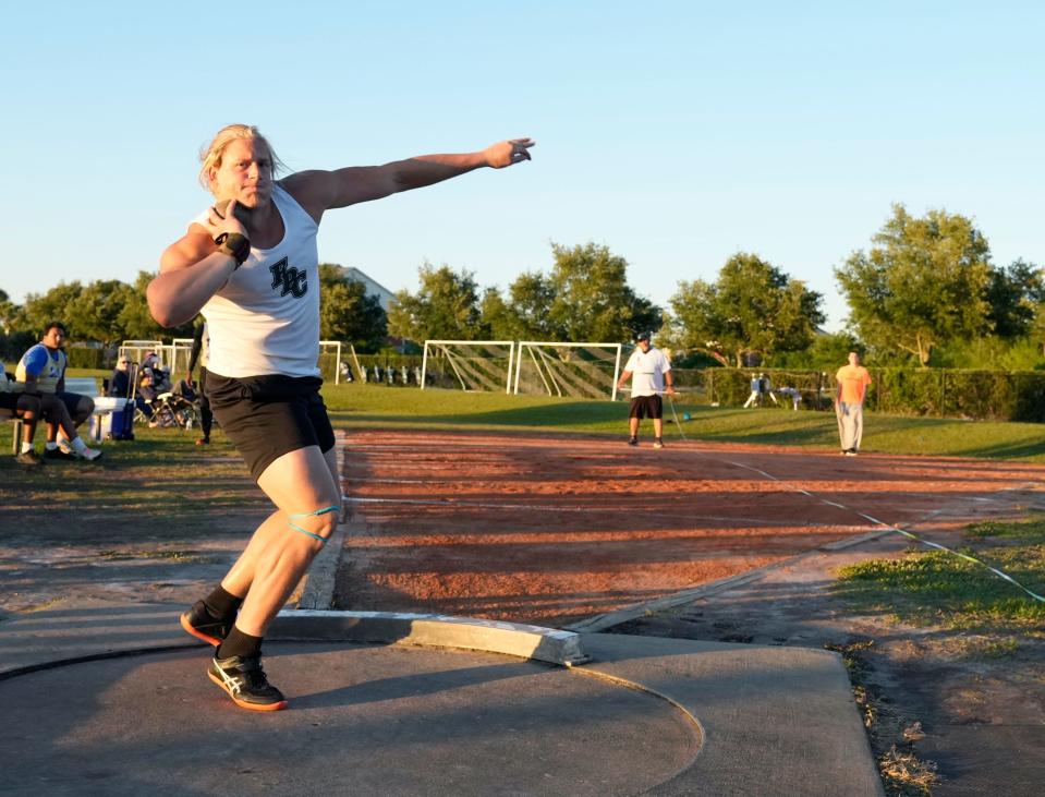Flagler Palm Coast's Colby Cronk throws the winning shot put during the Boys Shot Put Varsity event at the Five Star Conference Track and Field meet at Flagler Palm Coast High School, Thursday, April 4, 2024.