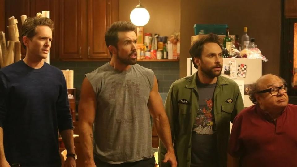 Danny Devito, Rob McElhenney, Glenn Howerton, and Charlie Day in It's Always Sunny in Philadelphia