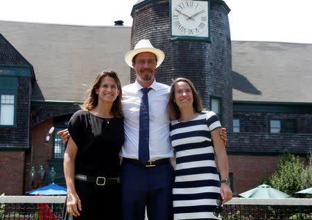 Amelie Mauresmo of France, Marat Safin of Russia and Justine Henin of Belgium pose for a photo after being inducted into the International Tennis Hall of Fame in Newport, Rhode Island, U.S. July 16, 2016. REUTERS/Mary Schwalm
