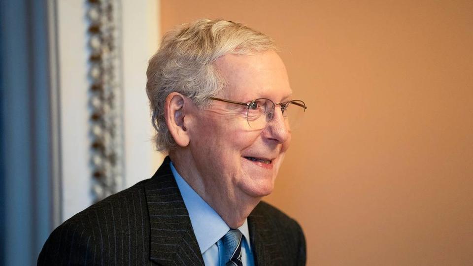 Minority Leader Mitch McConnell (R-Ky.) leaves a Senate Republican Conference luncheon after announcing he will step down as Senate Republican Leader on Wednesday, February 28, 2024. Allison Robbert