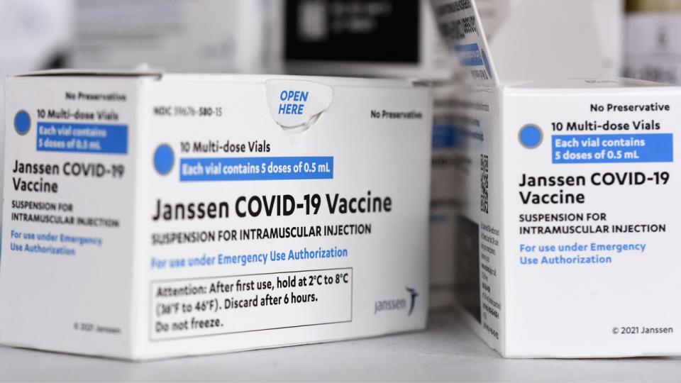 Johnson & Johnson COVID-19 vaccine boxes are seen at a vaccination site. (Paul Hennessy/SOPA Images/LightRocket via Getty Images)