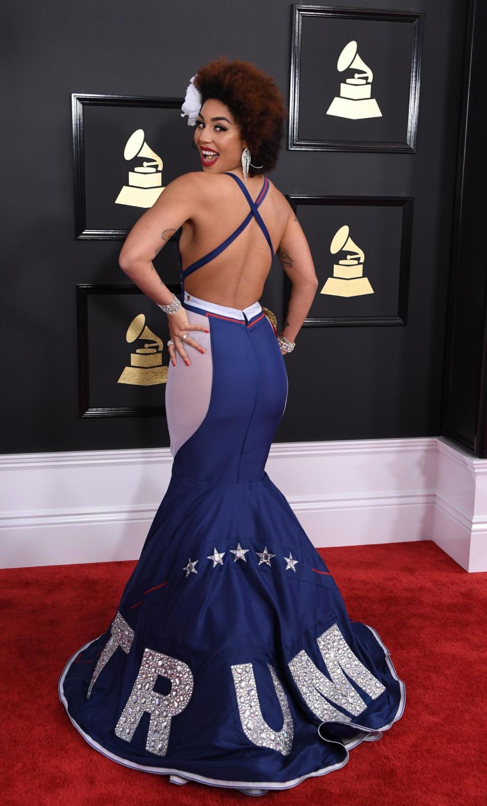 The fishtail dress had 'TRUMP' on the base (Getty)