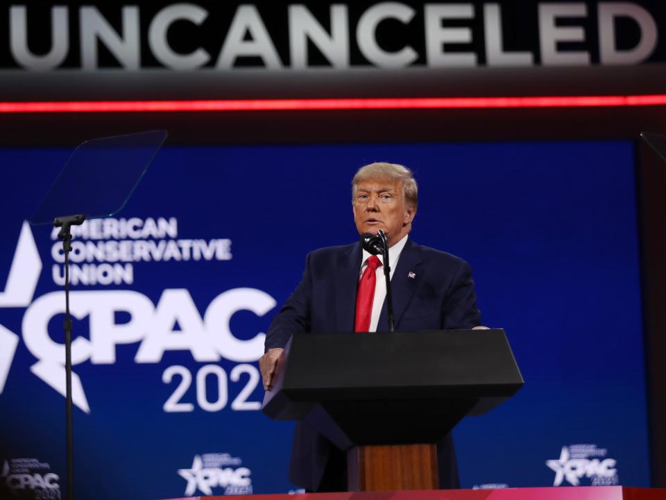 ORLANDO, FLORIDA - FEBRUARY 28: Former President Donald Trump addresses the Conservative Political Action Conference held in the Hyatt Regency on February 28, 2021 in Orlando, Florida. Begun in 1974, CPAC brings together conservative organizations, activists, and world leaders to discuss issues important to them. (Photo by Joe Raedle/Getty Images)