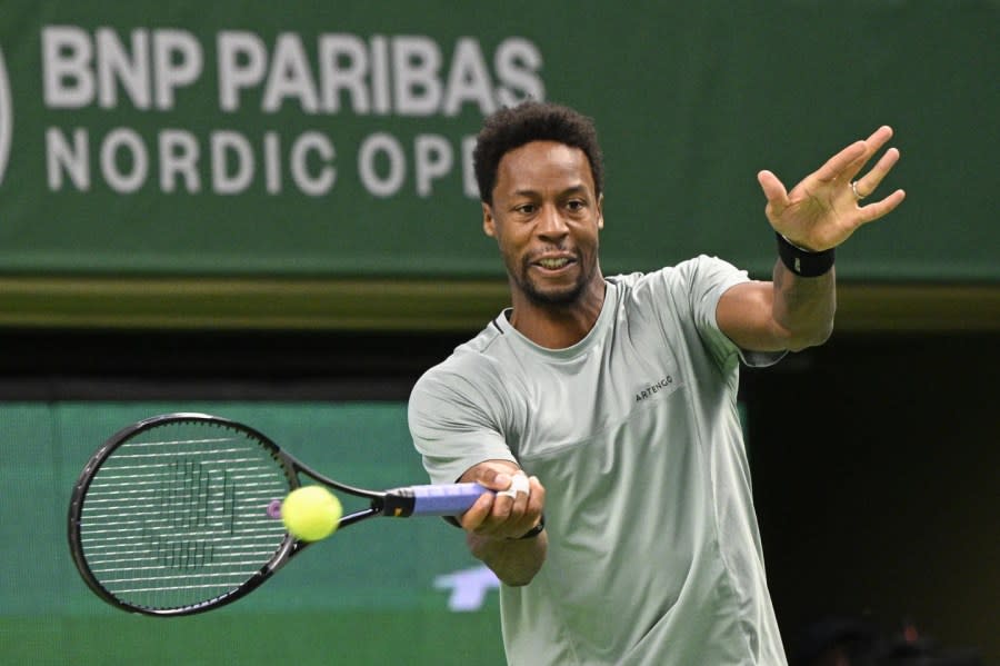 France’s Gael Monfils in action against Russia’s Pavel Kotov during the men’s singles final at the ATP Nordic Open tennis tournament in the Royal Tennis Hall, in Stockholm, Sunday, Oct. 22, 2023. (Anders Wiklund/TT News Agency via AP)