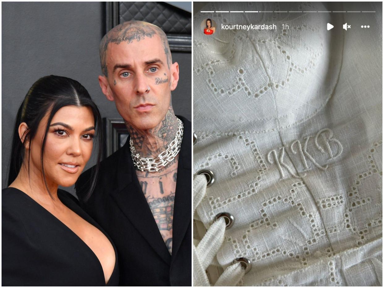 A side by side of Kourtney Kardashian and Travis Barker and a detail from Kourtney's wedding: embroidery that says "KKB" on a white corset