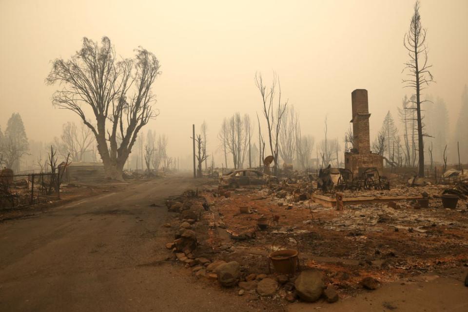 The burnt remains of a home that was destroyed by the Dixie Fire on August 12, 2021 in Greenville, California (Getty Images)