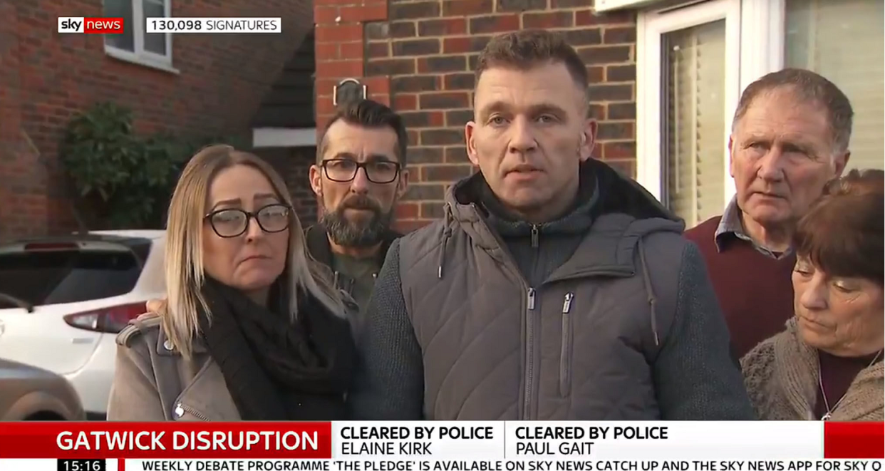 Paul Gait, centre, and partner Elaine Kirk, left, were questioned by police after a drone disrupted flights at Gatwick. Speaking to Sky News they said they felt ‘completely violated’ by the experience. Sky News.