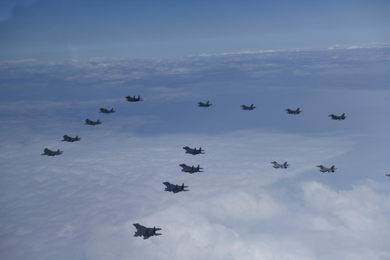 U.S. and South Korea Air Force fighter jets fly in formation during a joint drill on Tuesday, June, 7, 2022. (South Korea Defense Ministry via AP)