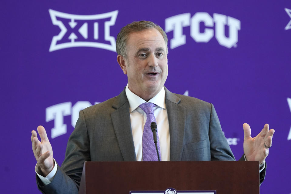 FILE - TCU NCAA college football head coach Sonny Dykes speaks during an introductory news conference in Fort Worth, Texas, Tuesday, Nov. 30, 2021. TCU's Sonny Dykes won The Associated Press Coach of the Year on Monday, Dec. 19, 2022, after leading the No. 3 Horned Frogs to the College Football Playoff in his first season with the school. (AP Photo/LM Otero, File)