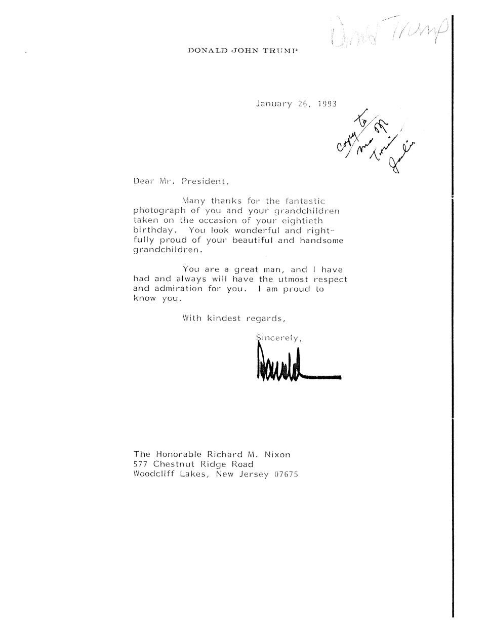 This image provided by the Richard Nixon Foundation shows a copy of correspondence between Donald Trump and Richard Nixon. The letters between once and future presidents, revealed for the first time in an exhibit that opens Thursday, Sept. 24, 2020, at the Richard Nixon Presidential Library & Museum, show the two men engaged in something of an exercise in mutual affirmation. The museum shared the letters exclusively with The Associated Press ahead of the exhibit’s opening. (Richard Nixon Foundation via AP)