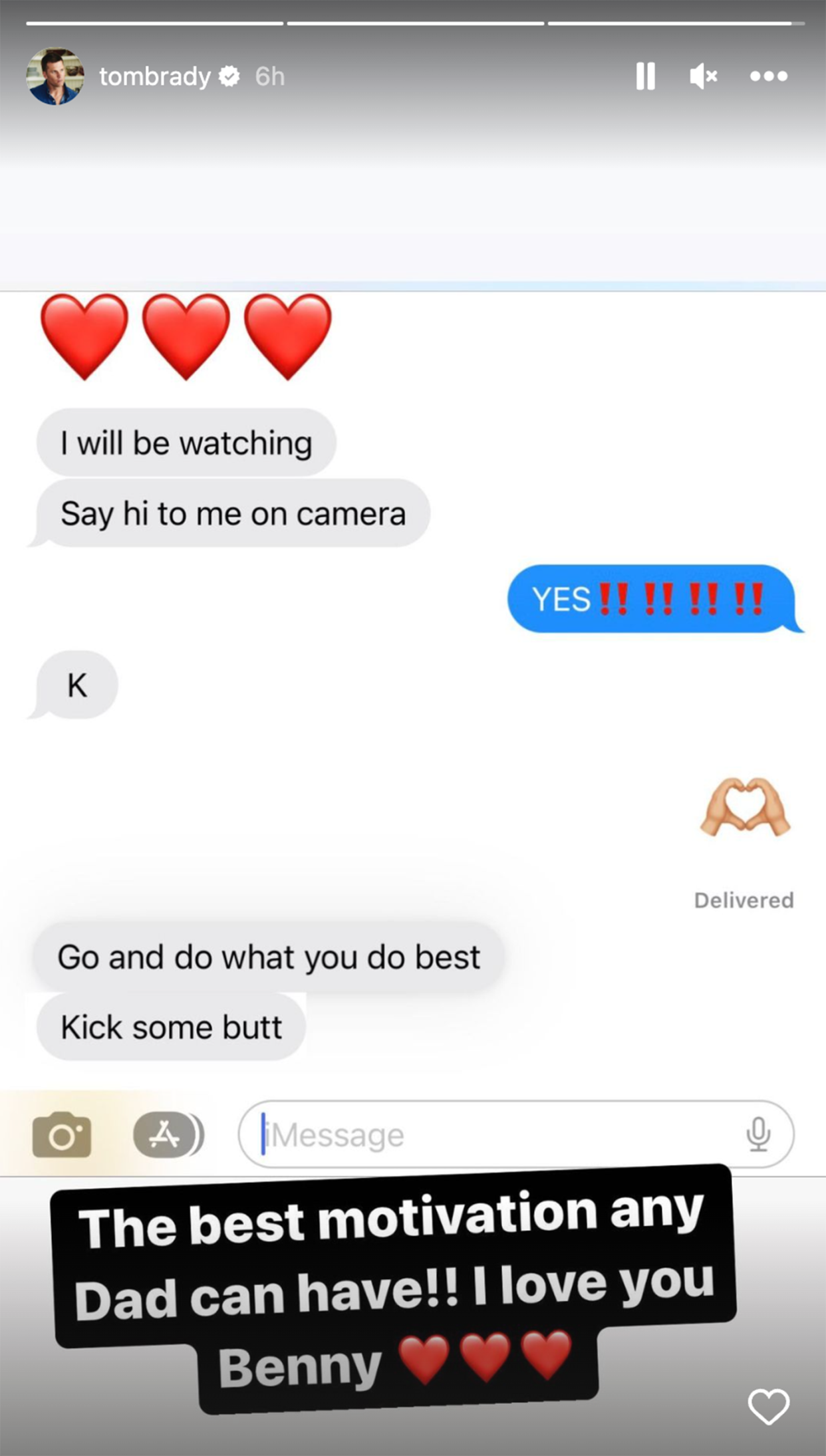 Brady posted this text exchange he had with son Benjamin on his Instagram stories. (@tombrady via Instagram )