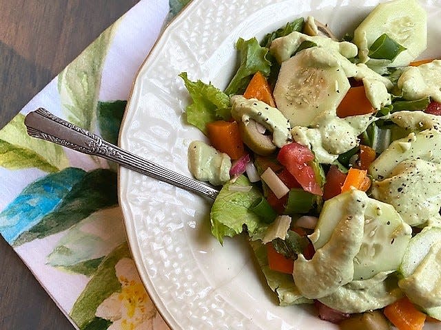 The original Green Goddess Dressing consisted of mayonnaise, sour cream, lots of green herbs, and typically, lemon juice. Many versions have surfaced over time.