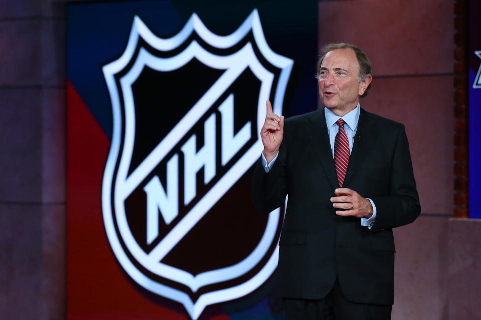 SECAUCUS, NEW JERSEY - AUGUST 10: Commissioner of the National Hockey League Gary Bettman is interviewed during Phase 2 of the 2020 NHL Draft Lottery on August 10, 2020 at the NHL Network's studio in Secaucus, New Jersey. (Photo by Mike Stobe/NHLI via Getty Images)