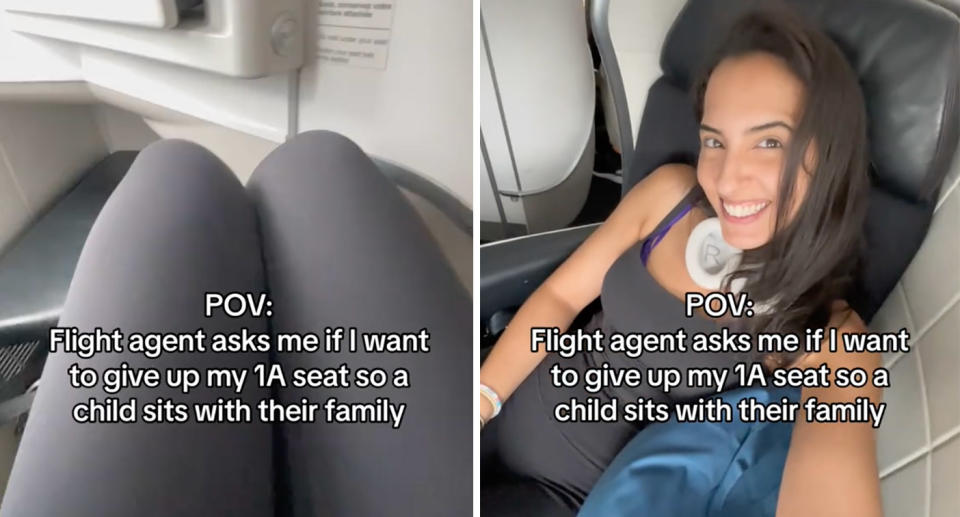 TikTok user in first-class plane seat on international flight