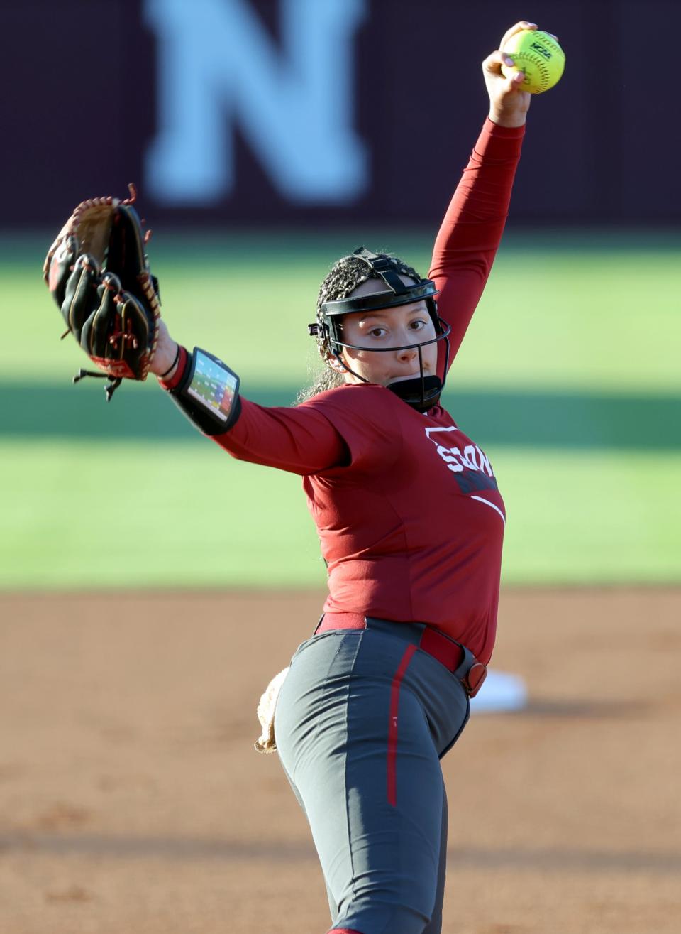 Oklahoma's Kierston Deal throws a pitch during a college softball game between the University of Oklahoma Sooners and North Central Texas College at Marita Hynes Field in Norman, Okla. , Monday, Oct., 16, 2023.