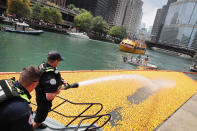 <p>A fire hose is used to help guide rubber ducks down the Chicago River during the Windy City Rubber Ducky Derby on August 3, 2017 in Chicago, Illinois. (Photo: Scott Olson/Getty Images) </p>