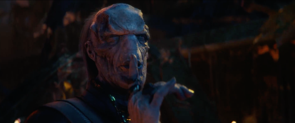 <p>This is Ebony Maw, the creepiest of Thanos’ Black Order, has a genius-level intellect and a gift for persuasion. Presumably here, Maw’s trying to locate the Time Stone via the age-old means of torture. And he wants Strange to be quiet while he does it. Looks a bit like Voldemort, doesn’t he? </p>