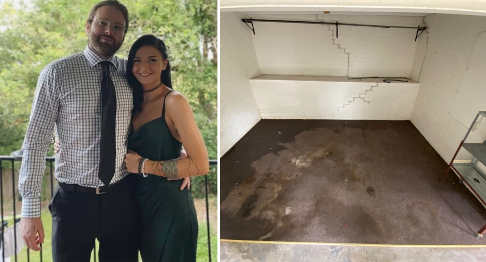 Left, Hayley Ross and Dean Pritchard smiling at the camera. Right, Water damage and cracks on the wall saree signs of the rental falling apart despite copping a $260 rental increase. 