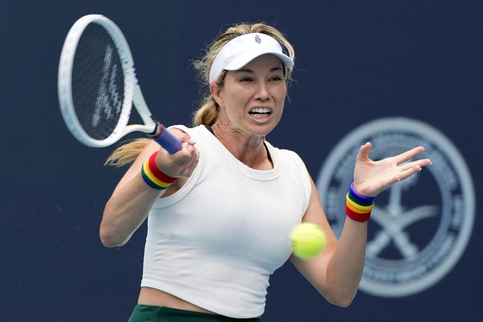 Danielle Collins hits a return to Caroline Garcia, of France, during the Miami Open tennis tournament, Wednesday, March 27, 2024, in Miami Gardens, Fla. (AP Photo/Lynne Sladky)