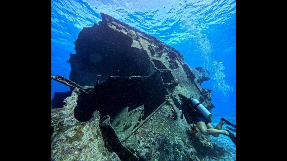 Among the sites visited by the researchers was the Shoan Maru, a Japanese tanker sunk by U.S. planes in WWII. Photo courtesy Jennifer McKinnon