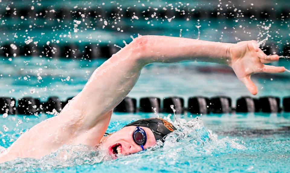 Bloomington North’s Ben Buehler competes in the 200 free during their dual meet against Edgewood at Bloomington North on Tuesday, Jan. 23, 2024.