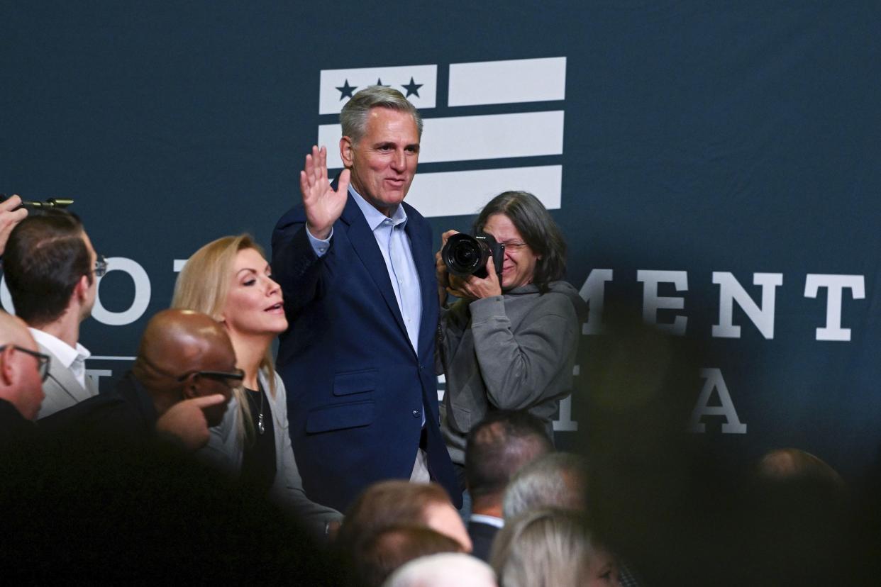 House Minority leader Kevin McCarthy, R-Calif., arrives at DMI Companies in Monongahela, Pa., Friday, Sept. 23, 2022. McCarthy joined with other House Republicans to unveil their "Commitment to America" agenda. (AP Photo/Barry Reeger)