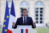 French President Emmanuel Macron delivers his speech during a meeting with members of the Citizens' Convention on Climate to discuss over environment proposals at the Elysee Palace in Paris, Monday, June 29, 2020. French President Emmanuel Macron, who once declared "Make The Planet Great Again" but whose climate agenda got knocked off course by persistent street protests, is under new pressure to fight climate change after the Green Party did well in Sunday's local elections. (Christian Hartmann/Pool via AP)