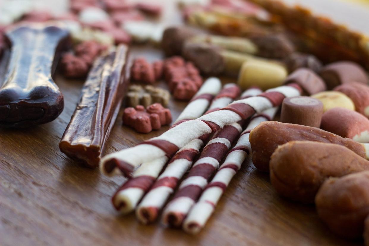 Dog tasty colored biscuits on wooden background with copy space