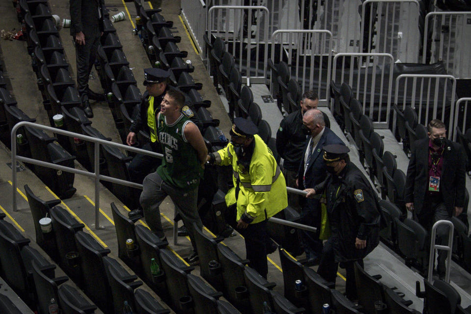 Police arrested Cole Buckley, 21, for allegedly throwing a water bottle at Brooklyn Nets star Kyrie Irving after Game 4 of their first-round playoff series with the Boston Celtics. (Maddie Malhotra/Getty Images)