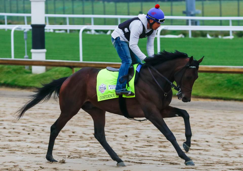 Kentucky Derby hopeful Confidence Game trains Friday morning, April 28, 2023 at Churchill Downs. The horse, who won the Rebel Stakes In February and the Lecomte Stakes in January, is trained by J. Keith Desormeaux. 