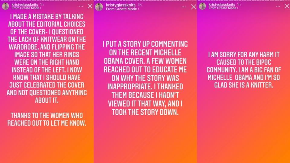 <div class="inline-image__caption"><p>Kristy Glass' Instagram story apology over her comments about Michelle Obama's Vogue Knitting cover.</p></div> <div class="inline-image__credit">Instagram</div>