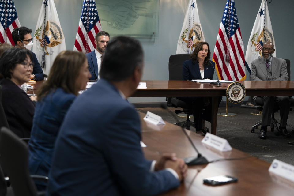 Vice President Kamala Harris, second from right, speaks during a roundtable discussion with faith leaders in Los Angeles, Monday, June 6, 2022. Harris discussed challenges, including women's reproductive rights and the rise of hate. (AP Photo/Jae C. Hong)