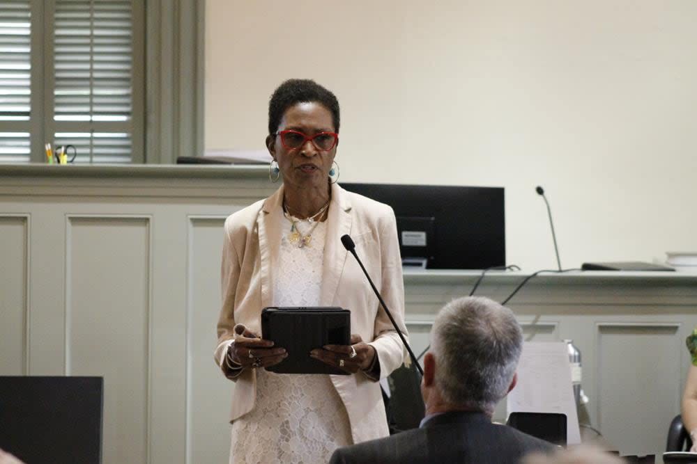 Renee Price, chair of the Orange County, N.C., Commissioners, speaks to an audience inside an historic courtroom in Hillsborough, N.C., Friday, June 17, 2022. (AP Photo/Skip Foreman)