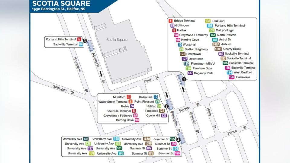 Four Halifax Transit bus stop hubs will be temporarily moved for approximately six moths as work continues on the Cogswell District Project.