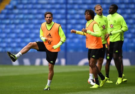 Britain Football Soccer - Chelsea Training - Stamford Bridge - 10/8/16 Chelsea's Cesc Fabregas, Loic Remy and Branislav Ivanovic during training Action Images via Reuters / Tony O'Brien