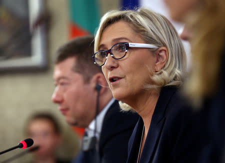 FILE PHOTO: Marine Le Pen, leader of the French far-right National Rally (Rassemblement National), speaks at a meeting in the Bulgarian parliament in Sofia, November 16, 2018. REUTERS/Stoyan Nenov/File Photo