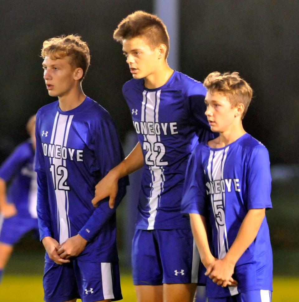 Kyle DiBiase (12), Evan Cuba (22) and Luke Armstrong form a wall to defend a Dundee/Bradford free kick on Tuesday night.