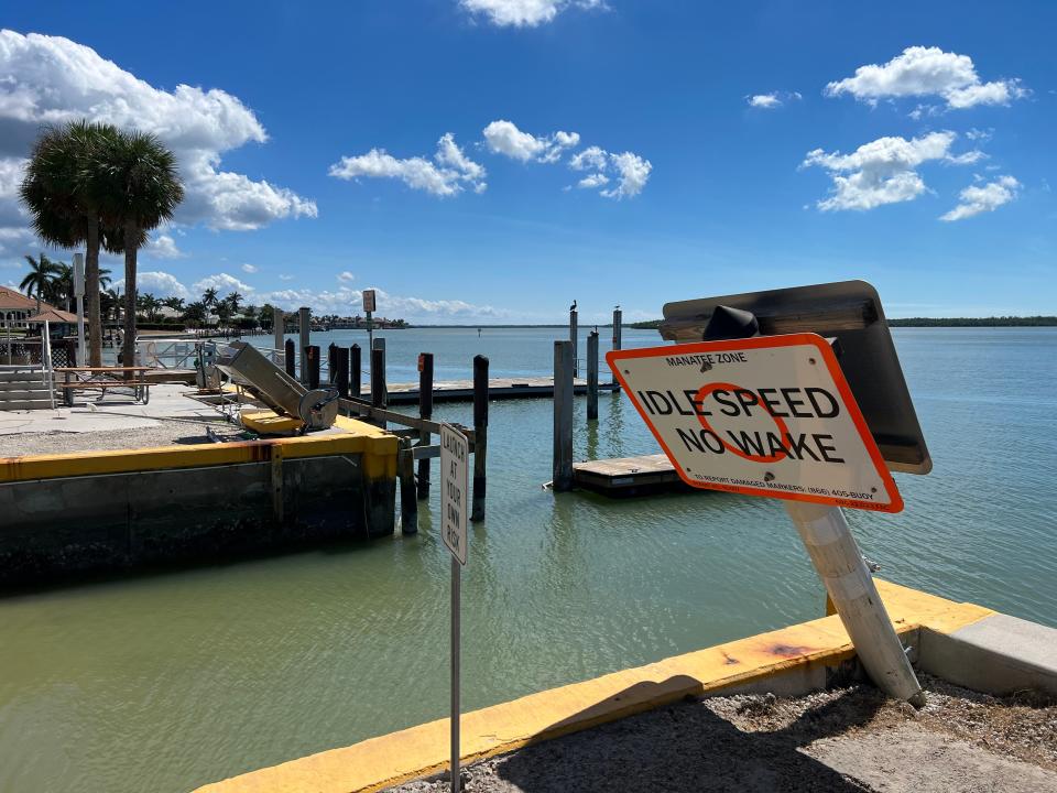 Signs and equipment at Caxambas Park in Marco Island are bent over from Hurricane Ian on Oct. 1.