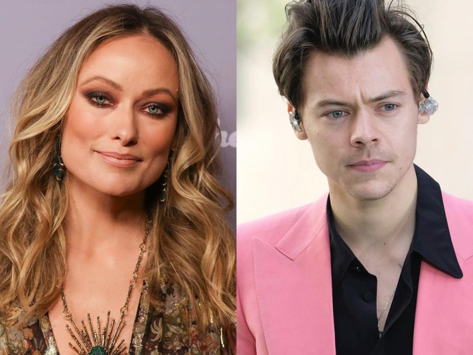 On the left: Olivia Wilde wearing a brown, patterned dress. On the right: Harry Styles wearing a black shirt and a pink jacket.