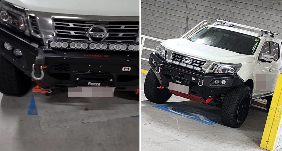 A photo of the car parked in a disabled parking spot in Brisbane, with the logo covered with a fibre board. Another photo of the parked car, with the disability logo now exposed. 