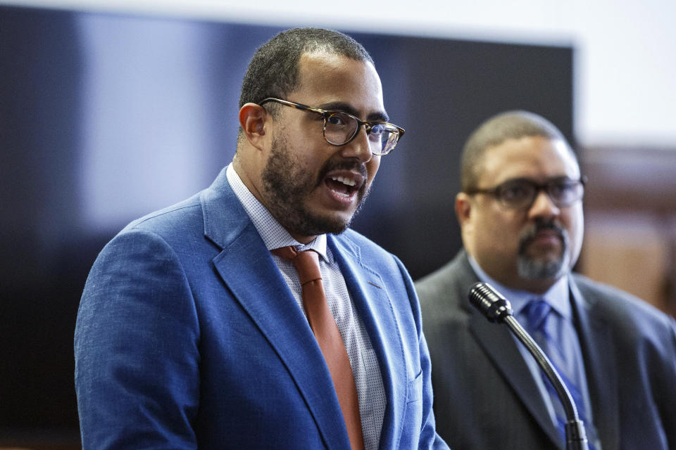 Lawyer Eric Renfroe speaks during a news conference at Supreme Court after the exoneration proceeding of Steven Lopez, Monday, July 25, 2022, in New York. Lopez, a co-defendant of the so-called Central Park Five, whose convictions in a notorious 1989 rape of a jogger were thrown out more than a decade later, had his conviction on a related charge overturned Monday. (AP Photo/Eduardo Munoz Alvarez)