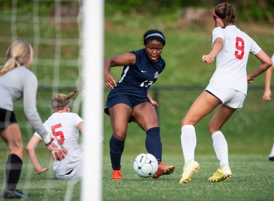 Montgomery Academy’s Kaitlin Phenix (13) scores a goal during the second round of the AHSAA soccer playoffs at Montgomery Academy in Montgomery, Ala., on Tuesday, May 3, 2022. Montgomery Academy defeated St. Michael 3-0.