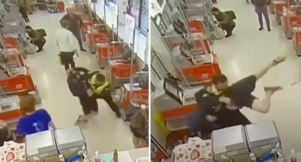 Coles fight between security guard and young boy. 