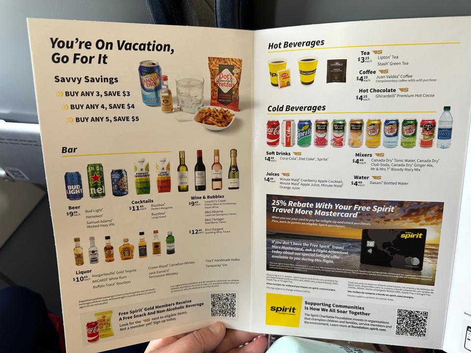 In-flight purchase menu on Spirit flight 